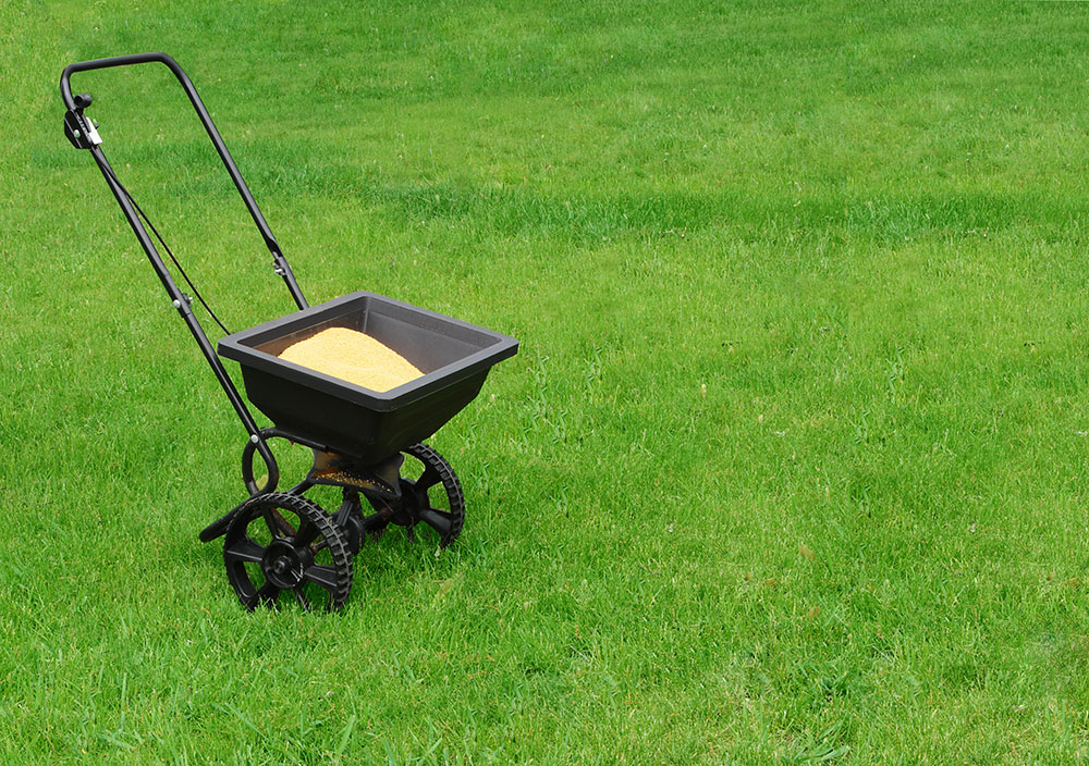 Fertilizer spreader on a green lawn. Just one of the tools for fall lawn care.