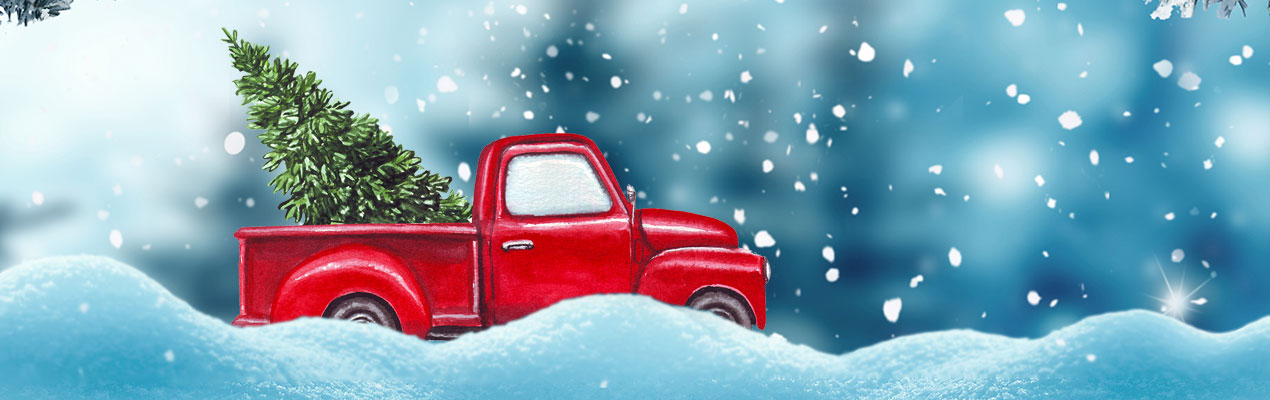 A painting of a red truck delivering a Christmas tree