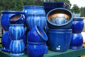 Blue garden pots from Meadows Farms