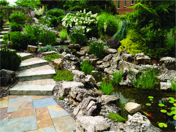photo of patio, steps and pond