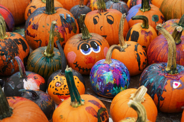 A collection of painted pumpkins