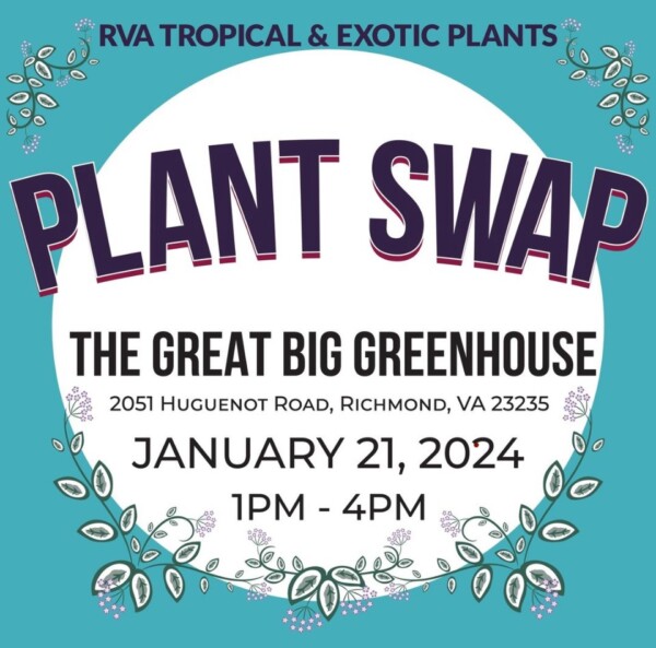 RVA Tropical & Exotic Plants Plant Swap at The Great Big Greenhouse 2051 Huguenot Road in Richmond, VA 23235 January 21, 2024 from 1pm to 4pm